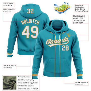 Custom Stitched Teal White-Old Gold Baseball Pullover Sweatshirt Hoodie
