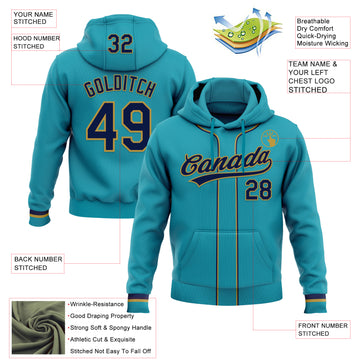 Custom Stitched Teal Navy-Old Gold Baseball Pullover Sweatshirt Hoodie
