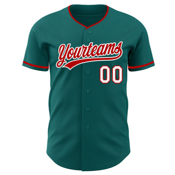 Custom Teal Red-White Authentic Baseball Jersey