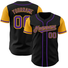 Load image into Gallery viewer, Custom Black Purple-Gold Authentic Two Tone Baseball Jersey
