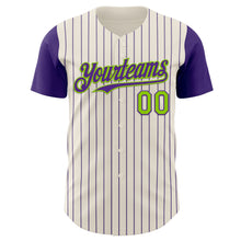 Загрузить изображение в средство просмотра галереи, Custom Cream Purple Pinstripe Neon Green Authentic Two Tone Baseball Jersey

