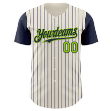 Load image into Gallery viewer, Custom Cream Navy Pinstripe Neon Green Authentic Two Tone Baseball Jersey
