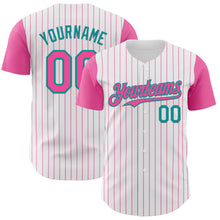 Laden Sie das Bild in den Galerie-Viewer, Custom White Pink Pinstripe Teal Authentic Two Tone Baseball Jersey
