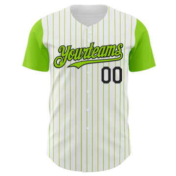 Custom White Neon Green Pinstripe Black Authentic Two Tone Baseball Jersey