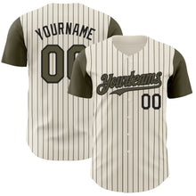 Laden Sie das Bild in den Galerie-Viewer, Custom Cream Olive Pinstripe Black Authentic Two Tone Baseball Jersey
