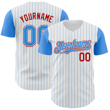 Laden Sie das Bild in den Galerie-Viewer, Custom White Electric Blue Pinstripe Red Authentic Two Tone Baseball Jersey
