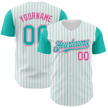 Load image into Gallery viewer, Custom White Aqua Pinstripe Pink Authentic Two Tone Baseball Jersey
