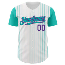 Laden Sie das Bild in den Galerie-Viewer, Custom White Aqua Pinstripe Purple Authentic Two Tone Baseball Jersey
