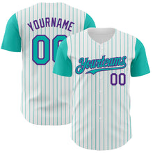 Laden Sie das Bild in den Galerie-Viewer, Custom White Aqua Pinstripe Purple Authentic Two Tone Baseball Jersey
