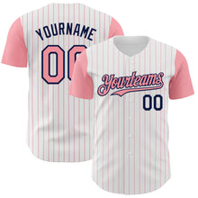 Laden Sie das Bild in den Galerie-Viewer, Custom White Medium Pink Pinstripe Navy Authentic Two Tone Baseball Jersey
