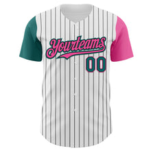 Load image into Gallery viewer, Custom White Black Pinstripe Teal-Pink Authentic Two Tone Baseball Jersey
