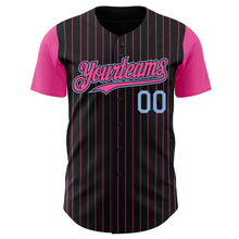 Load image into Gallery viewer, Custom Black Pink Pinstripe Light Blue Authentic Two Tone Baseball Jersey
