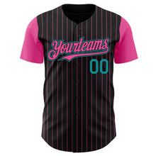 Load image into Gallery viewer, Custom Black Pink Pinstripe Teal Authentic Two Tone Baseball Jersey
