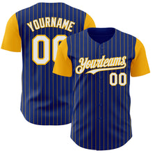 Load image into Gallery viewer, Custom Royal Gold Pinstripe White Authentic Two Tone Baseball Jersey
