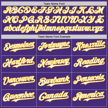 Load image into Gallery viewer, Custom Purple Gold Pinstripe White Authentic Two Tone Baseball Jersey
