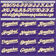 Load image into Gallery viewer, Custom Purple Old Gold Pinstripe White Authentic Two Tone Baseball Jersey
