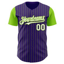 Load image into Gallery viewer, Custom Purple Neon Green Pinstripe White Authentic Two Tone Baseball Jersey

