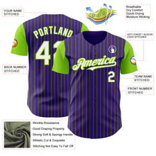 Load image into Gallery viewer, Custom Purple Neon Green Pinstripe White Authentic Two Tone Baseball Jersey
