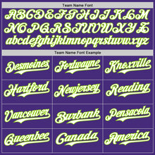 Load image into Gallery viewer, Custom Purple Neon Green Pinstripe White Authentic Two Tone Baseball Jersey
