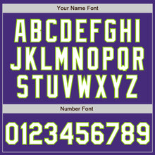 Load image into Gallery viewer, Custom Purple Neon Green Pinstripe White Authentic Two Tone Baseball Jersey

