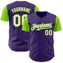 Load image into Gallery viewer, Custom Purple Neon Green Pinstripe White Authentic Two Tone Baseball Jersey
