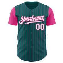 Load image into Gallery viewer, Custom Teal Pink Pinstripe White Authentic Two Tone Baseball Jersey
