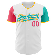 Load image into Gallery viewer, Custom White Neon Pink Aqua-Gold Authentic Two Tone Baseball Jersey
