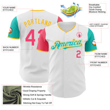 Load image into Gallery viewer, Custom White Neon Pink Aqua-Gold Authentic Two Tone Baseball Jersey
