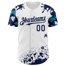 Laden Sie das Bild in den Galerie-Viewer, Custom White Navy-Teal Splatter Camo Two Tone Authentic Baseball Jersey
