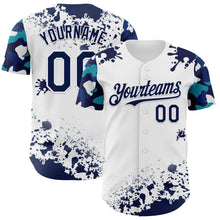 Laden Sie das Bild in den Galerie-Viewer, Custom White Navy-Teal Splatter Camo Two Tone Authentic Baseball Jersey
