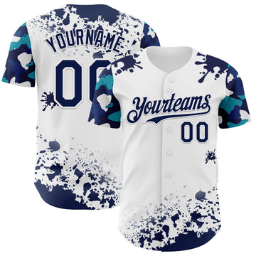 Custom White Navy-Teal Splatter Camo Two Tone Authentic Baseball Jersey
