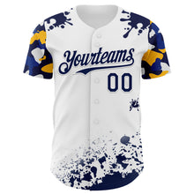 Загрузить изображение в средство просмотра галереи, Custom White Navy-Yellow Splatter Camo Two Tone Authentic Baseball Jersey
