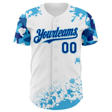 Load image into Gallery viewer, Custom White Royal-Sky Blue Splatter Camo Two Tone Authentic Baseball Jersey
