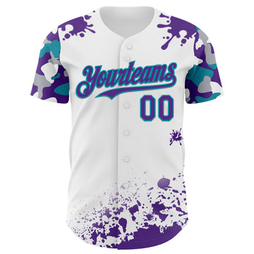 Custom White Purple Teal-Gray Splatter Camo Two Tone Authentic Baseball Jersey