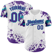 Load image into Gallery viewer, Custom White Purple Teal-Gray Splatter Camo Two Tone Authentic Baseball Jersey

