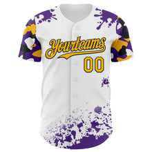 Load image into Gallery viewer, Custom White Gold Black-Purple Splatter Camo Two Tone Authentic Baseball Jersey
