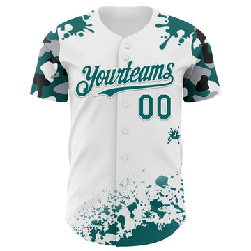 Custom White Teal Black-Gray Splatter Camo Two Tone Authentic Baseball Jersey