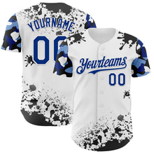Load image into Gallery viewer, Custom White Royal-Black Splatter Camo Two Tone Authentic Baseball Jersey
