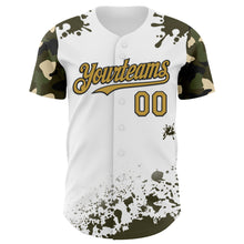 Load image into Gallery viewer, Custom White Old Gold Black-Olive Splatter Camo Two Tone Authentic Baseball Jersey
