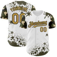 Load image into Gallery viewer, Custom White Old Gold Black-Olive Splatter Camo Two Tone Authentic Baseball Jersey
