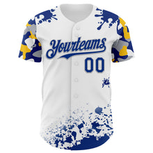 Laden Sie das Bild in den Galerie-Viewer, Custom White Royal Gray-Yellow Splatter Camo Two Tone Authentic Baseball Jersey
