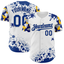 Laden Sie das Bild in den Galerie-Viewer, Custom White Royal Gray-Yellow Splatter Camo Two Tone Authentic Baseball Jersey
