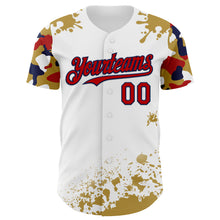 Load image into Gallery viewer, Custom White Red Navy-Old Gold Splatter Camo Two Tone Authentic Baseball Jersey
