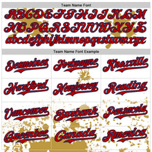 Load image into Gallery viewer, Custom White Red Navy-Old Gold Splatter Camo Two Tone Authentic Baseball Jersey
