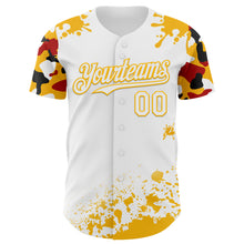 Laden Sie das Bild in den Galerie-Viewer, Custom White Gold Red-Black Splatter Camo Two Tone Authentic Baseball Jersey
