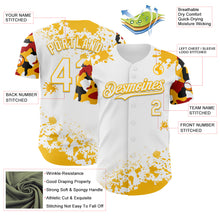 Laden Sie das Bild in den Galerie-Viewer, Custom White Gold Red-Black Splatter Camo Two Tone Authentic Baseball Jersey
