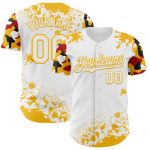 Laden Sie das Bild in den Galerie-Viewer, Custom White Gold Red-Black Splatter Camo Two Tone Authentic Baseball Jersey
