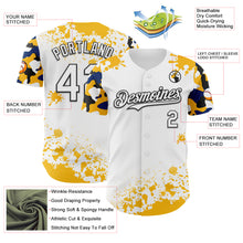 Загрузить изображение в средство просмотра галереи, Custom White Black Gold-Blue Splatter Camo Two Tone Authentic Baseball Jersey

