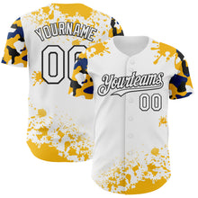 Загрузить изображение в средство просмотра галереи, Custom White Black Gold-Blue Splatter Camo Two Tone Authentic Baseball Jersey
