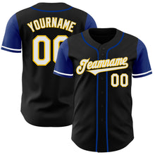 Laden Sie das Bild in den Galerie-Viewer, Custom Black White Royal-Yellow Two Tone Authentic Baseball Jersey
